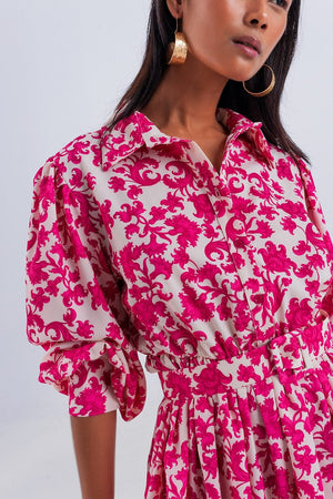 Q2 Women's Dress Mini Smock Dress in Fuchsia Vintage Floral