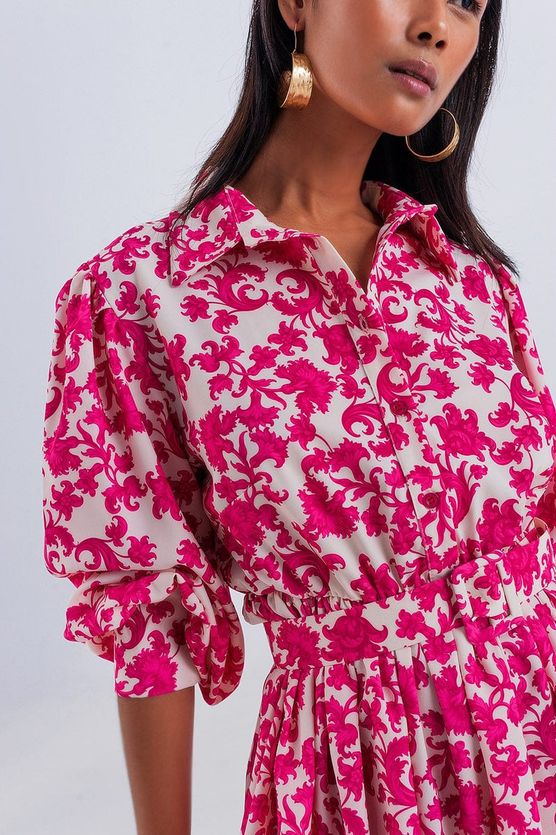 Q2 Women's Dress Mini Smock Dress in Fuchsia Vintage Floral