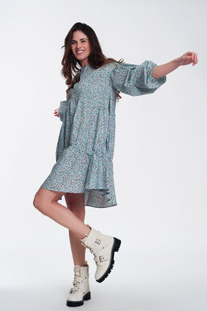 Q2 Women's Dress Mini Smock Dress with Puff Sleeves in Floral