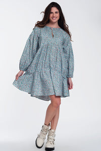 Q2 Women's Dress Mini Smock Dress with Puff Sleeves in Floral