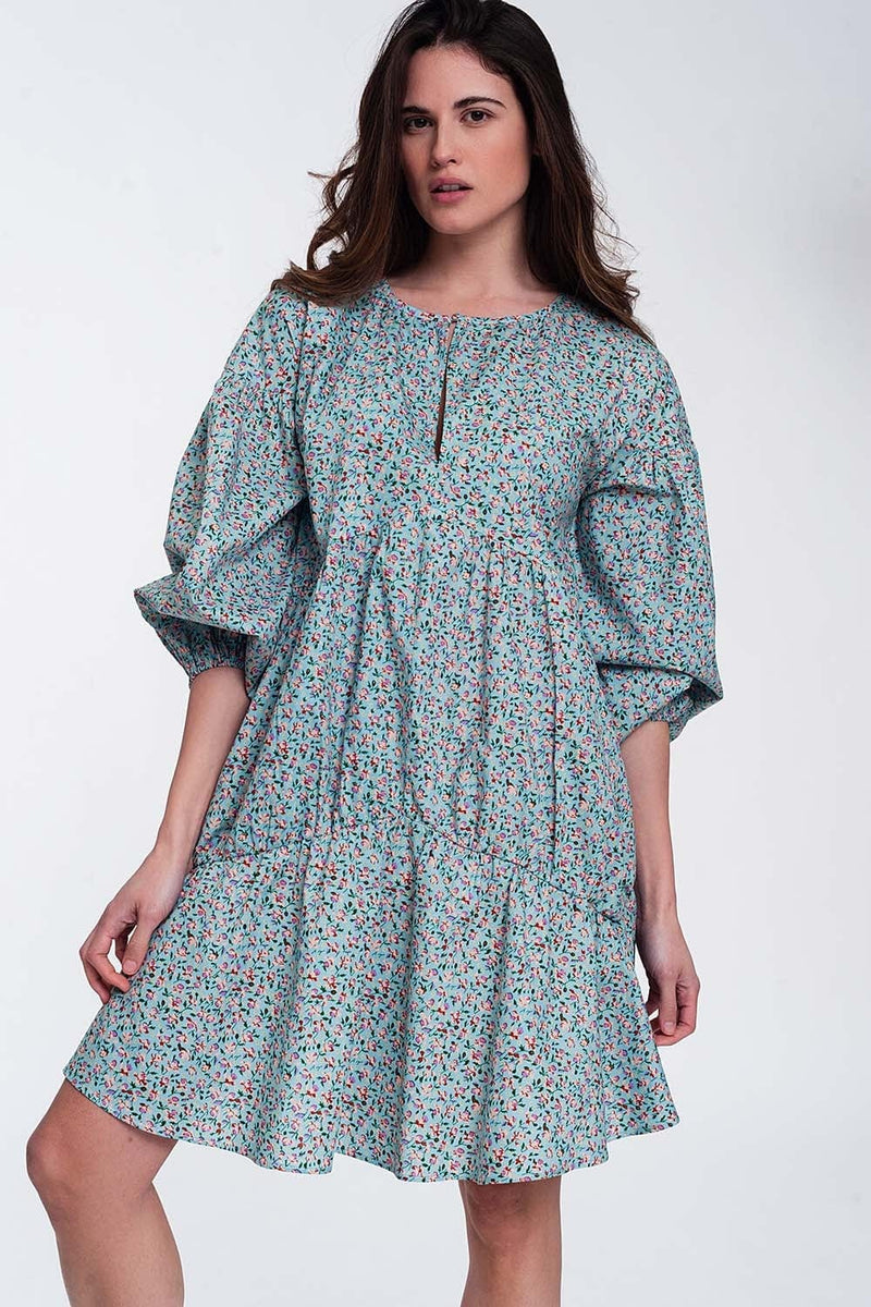 Q2 Women's Dress Mini Smock Dress with Puff Sleeves in Floral