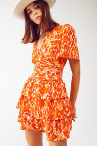 Q2 Women's Dress Mini V Neck Dress in Floral Orange Print