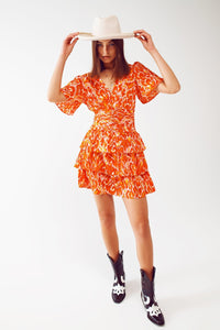 Q2 Women's Dress Mini V Neck Dress in Floral Orange Print