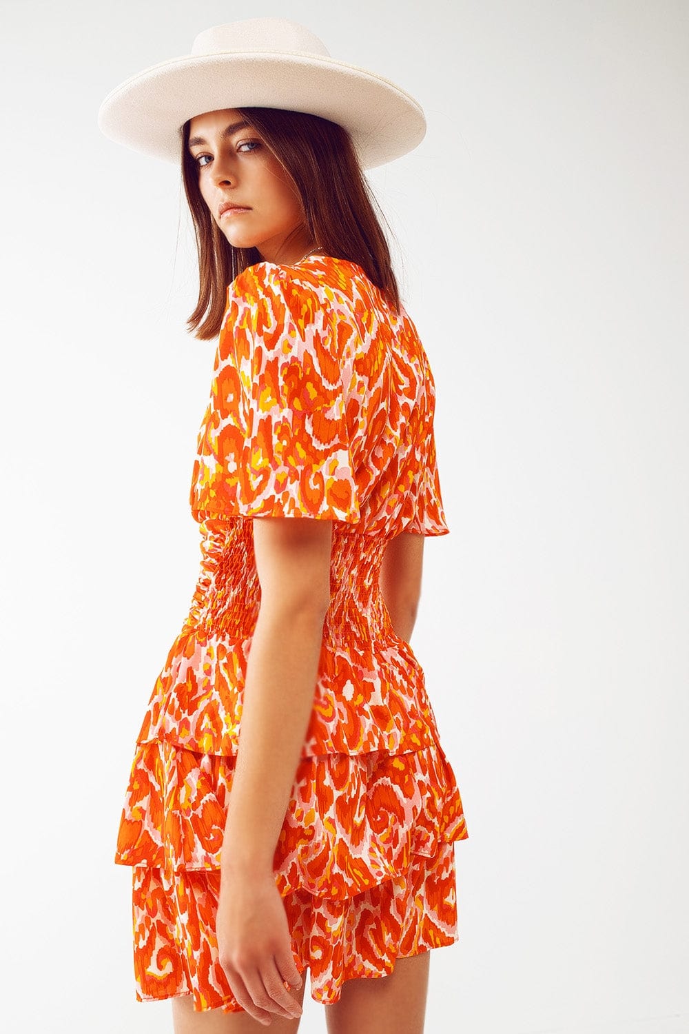 Q2 Women's Dress Mini V Neck Dress in Floral Orange Print