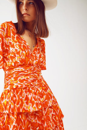 Q2 Women's Dress Mini V Neck Dress in Floral Orange Print