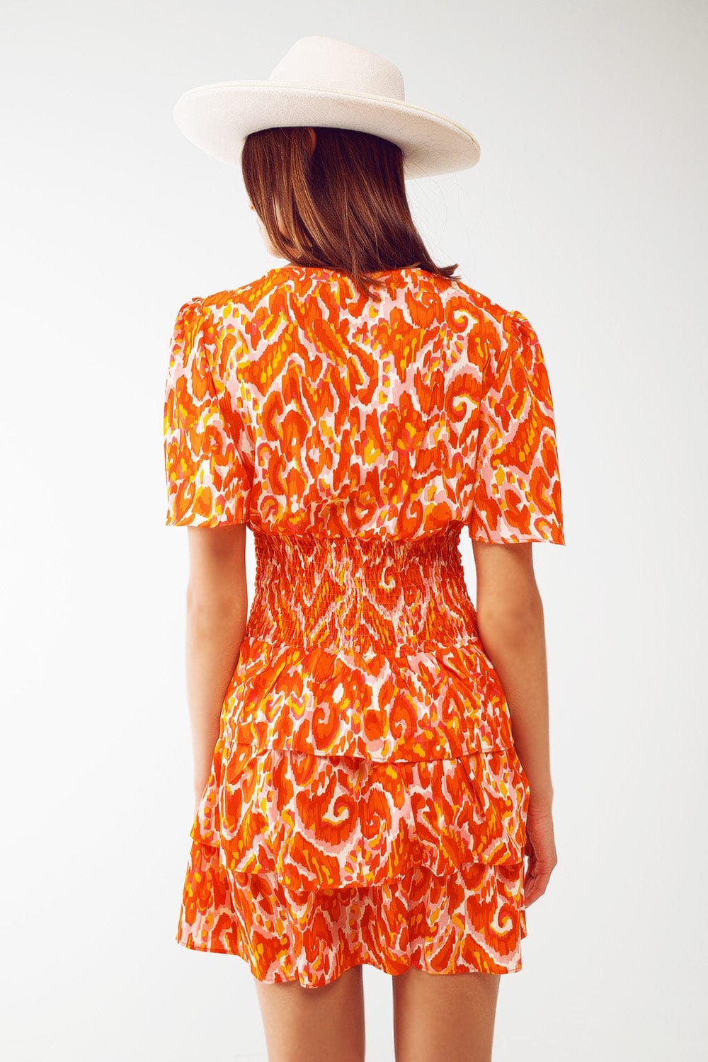 Q2 Women's Dress Mini V Neck Dress in Floral Orange Print