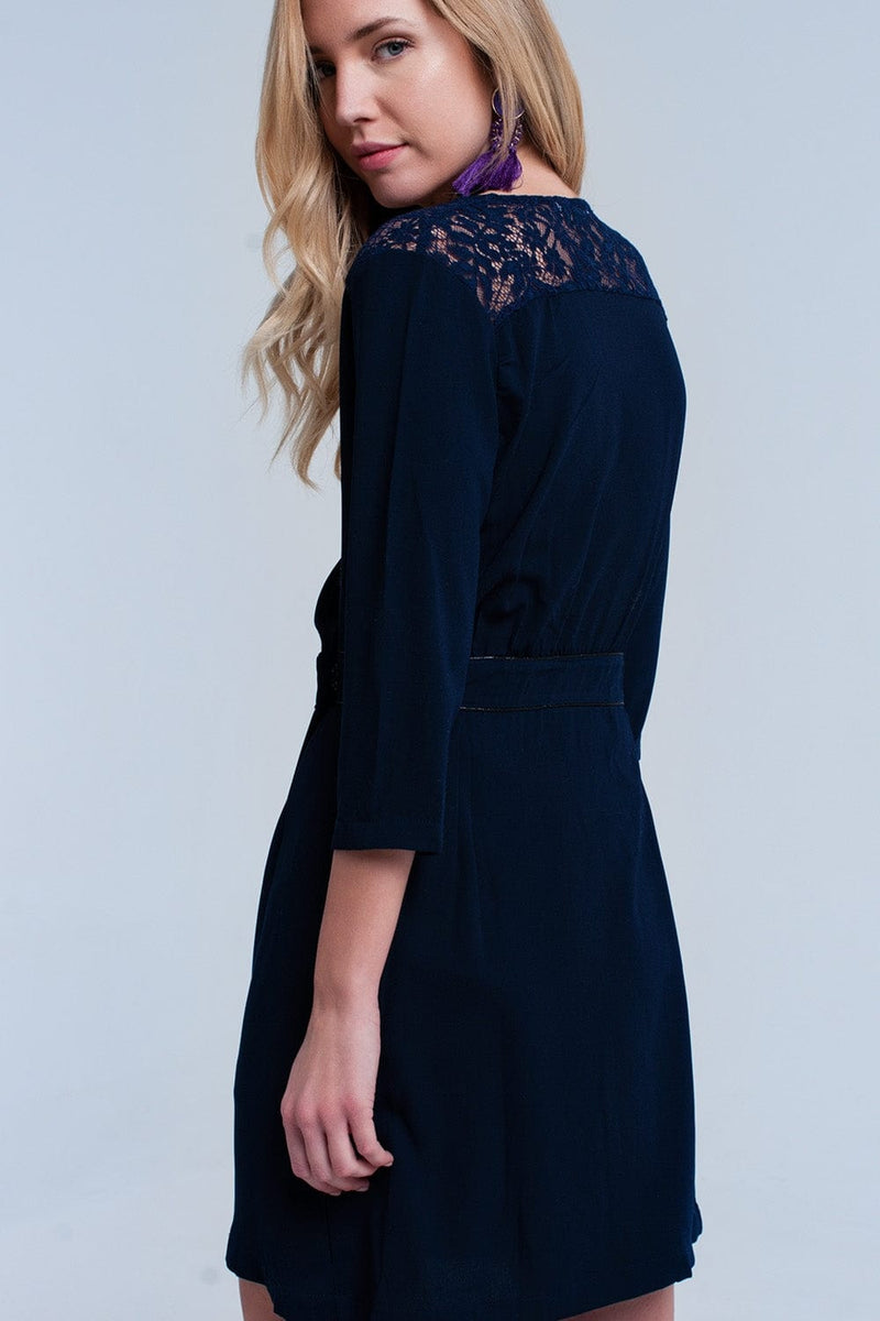 Q2 Women's Dress Navy wrap dress with lace detail