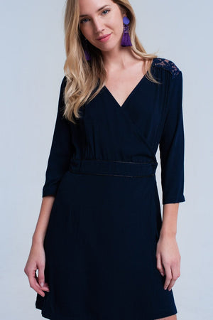 Q2 Women's Dress Navy wrap dress with lace detail