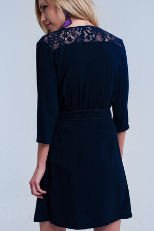 Q2 Women's Dress Navy wrap dress with lace detail