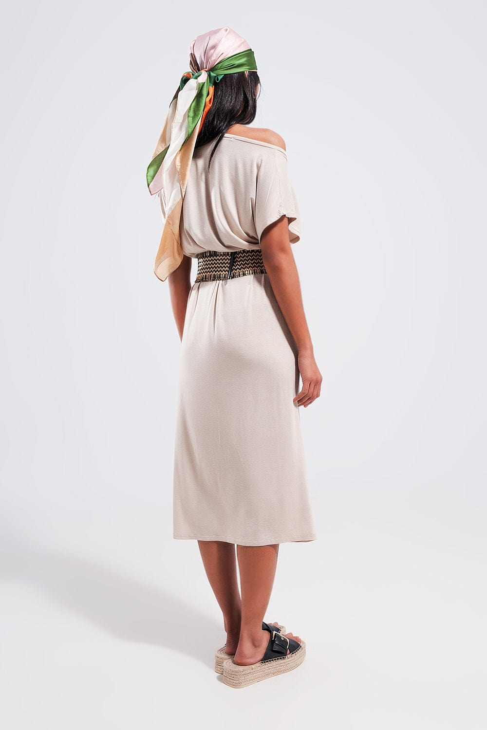 Q2 Women's Dress One Size / Beige / China Ring Midi Dress in Beige