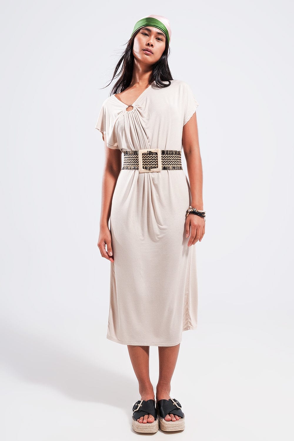 Q2 Women's Dress One Size / Beige / China Ring Midi Dress in Beige