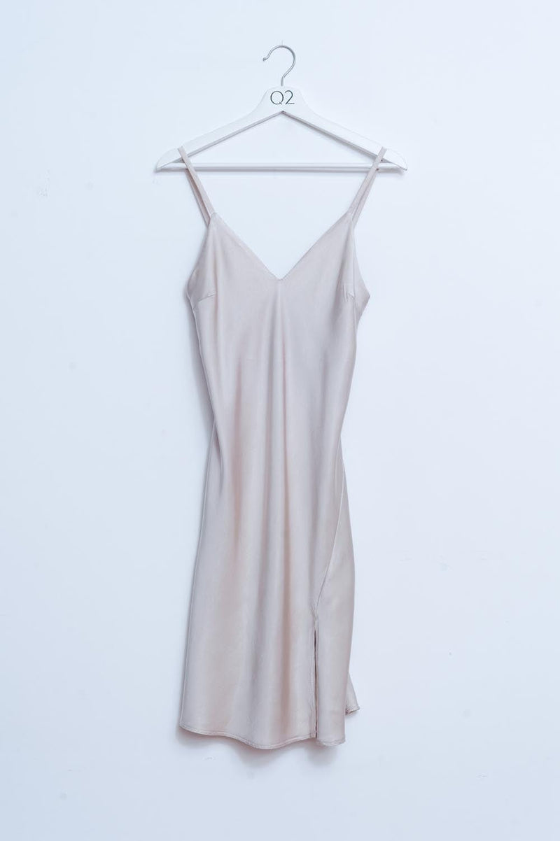 Q2 Women's Dress One Size / Beige / China Satin Short Slip Dress in Beige