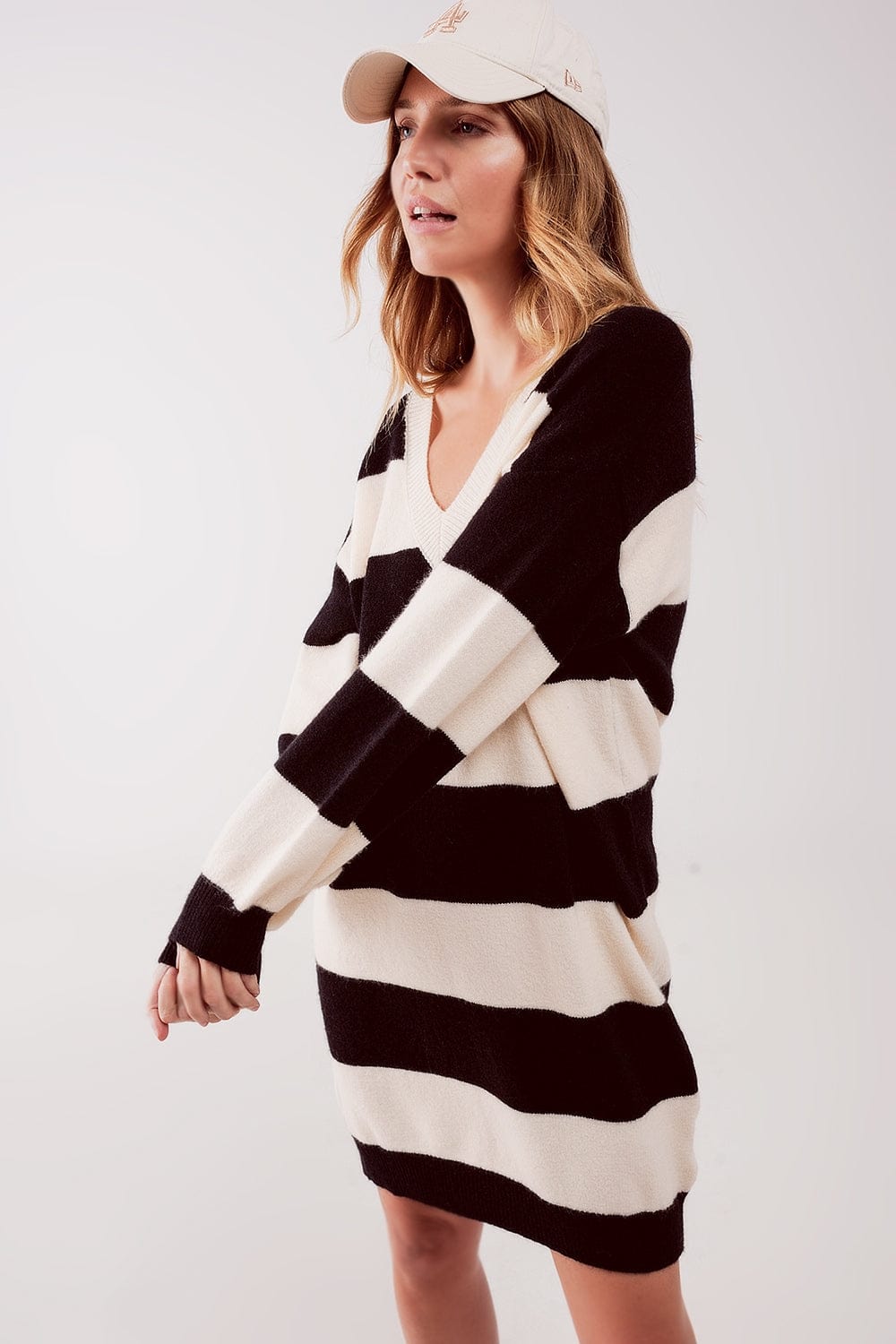 Q2 Women's Dress One Size / Black / China Stripe Jumper Dress in Black