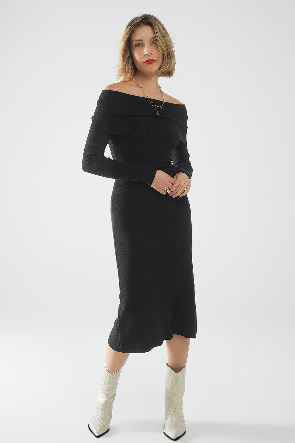 Q2 Women's Dress One Size / Black Maxi Knitted Wide Bardot Dress In Black