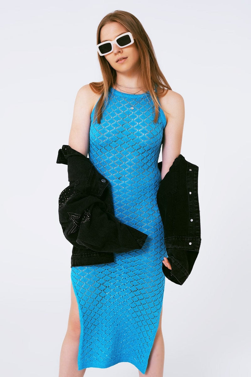 Q2 Women's Dress One Size / Blue Halter Crochet Midi Dress In Blue