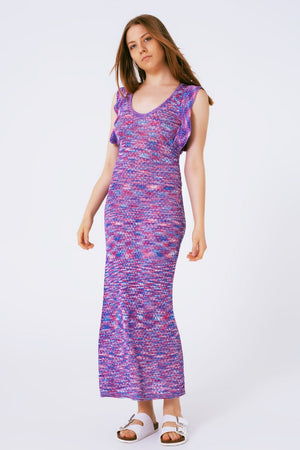 Q2 Women's Dress One Size / Blue Knitted Long Dress With Chest Ruffle In Melange Purple