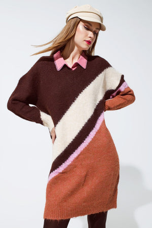 Q2 Women's Dress One Size / Brown Brown Striped Oversized Chunky Knit Dress With Crew Neck