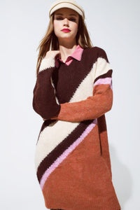 Q2 Women's Dress One Size / Brown Brown Striped Oversized Chunky Knit Dress With Crew Neck