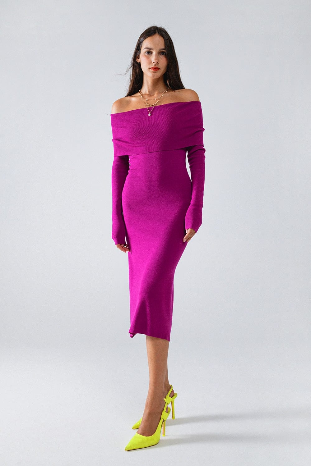 Q2 Women's Dress One Size / Fuchsia Midi Knitted Folover Badot Dress In Magenta