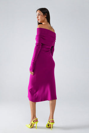 Q2 Women's Dress One Size / Fuchsia Midi Knitted Folover Badot Dress In Magenta