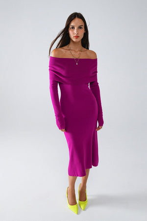 Q2 Women's Dress One Size / Fuchsia Midi Knitted Folover Badot Dress In Magenta