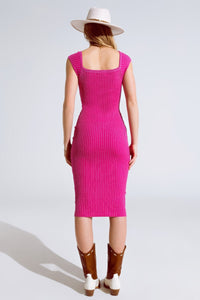 Q2 Women's Dress One Size / Fuchsia Pink Midi Thick Rib Bodycon Dress With Cap Sleeves