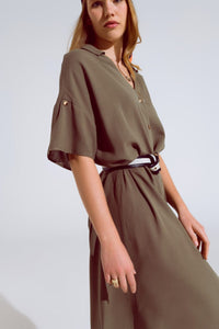 Q2 Women's Dress One Size / Green Khaki Midi Button Down Dress With Short Sleeves And Matching Belt