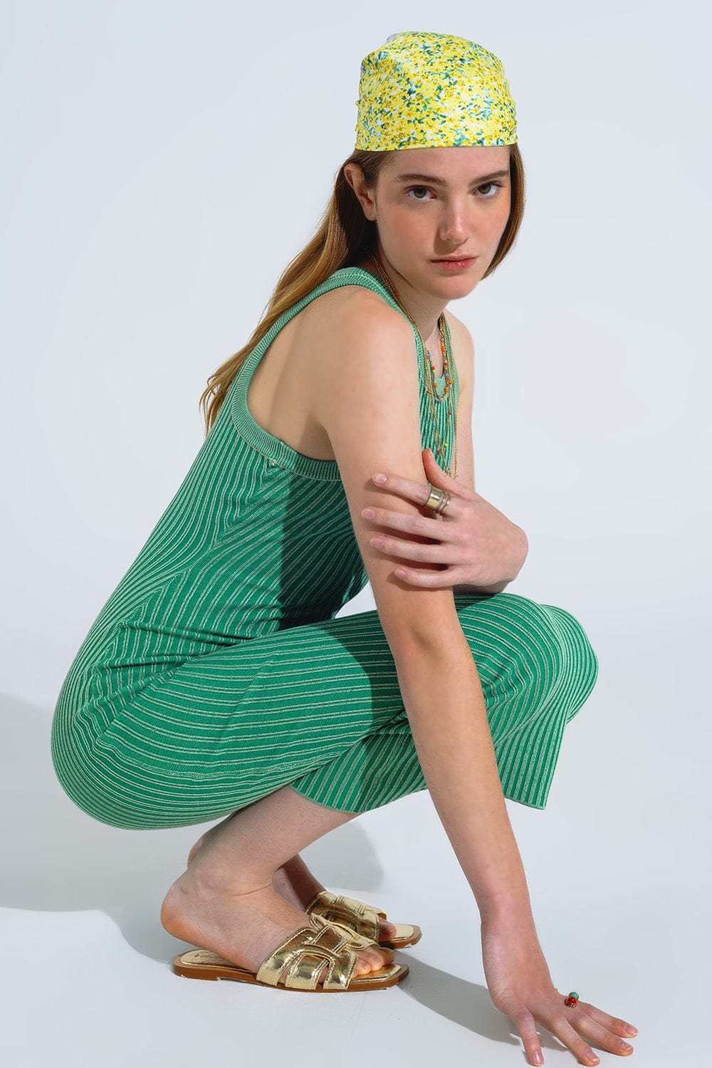 Q2 Women's Dress One Size / Green Maxi Sleeveless Halter Bodycon Ribbed Dress In Green