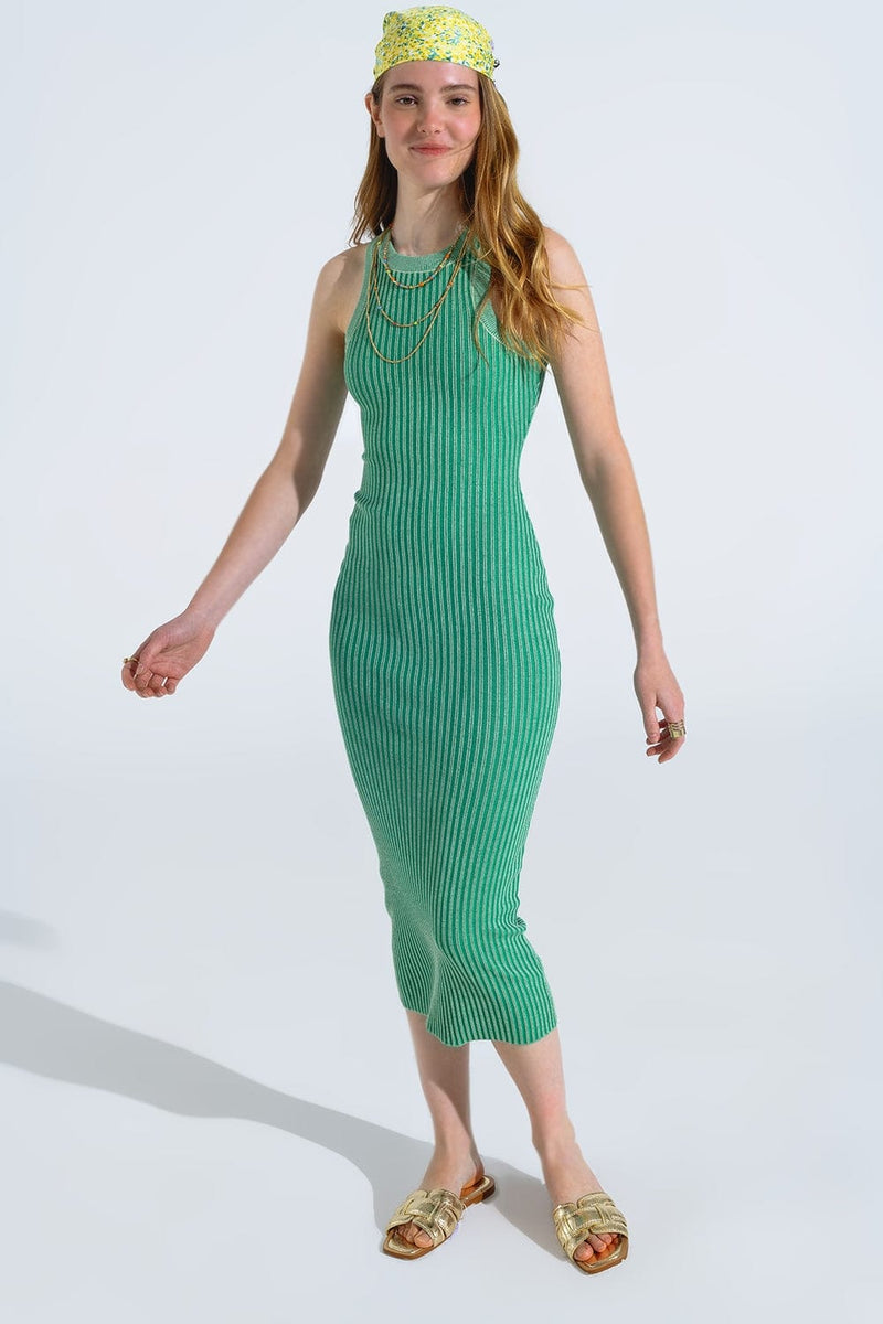 Q2 Women's Dress One Size / Green Maxi Sleeveless Halter Bodycon Ribbed Dress In Green