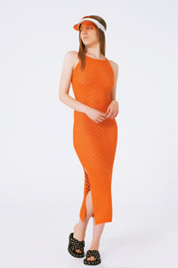 Q2 Women's Dress One Size / Orange Halter Crochet Midi Dress In Orange