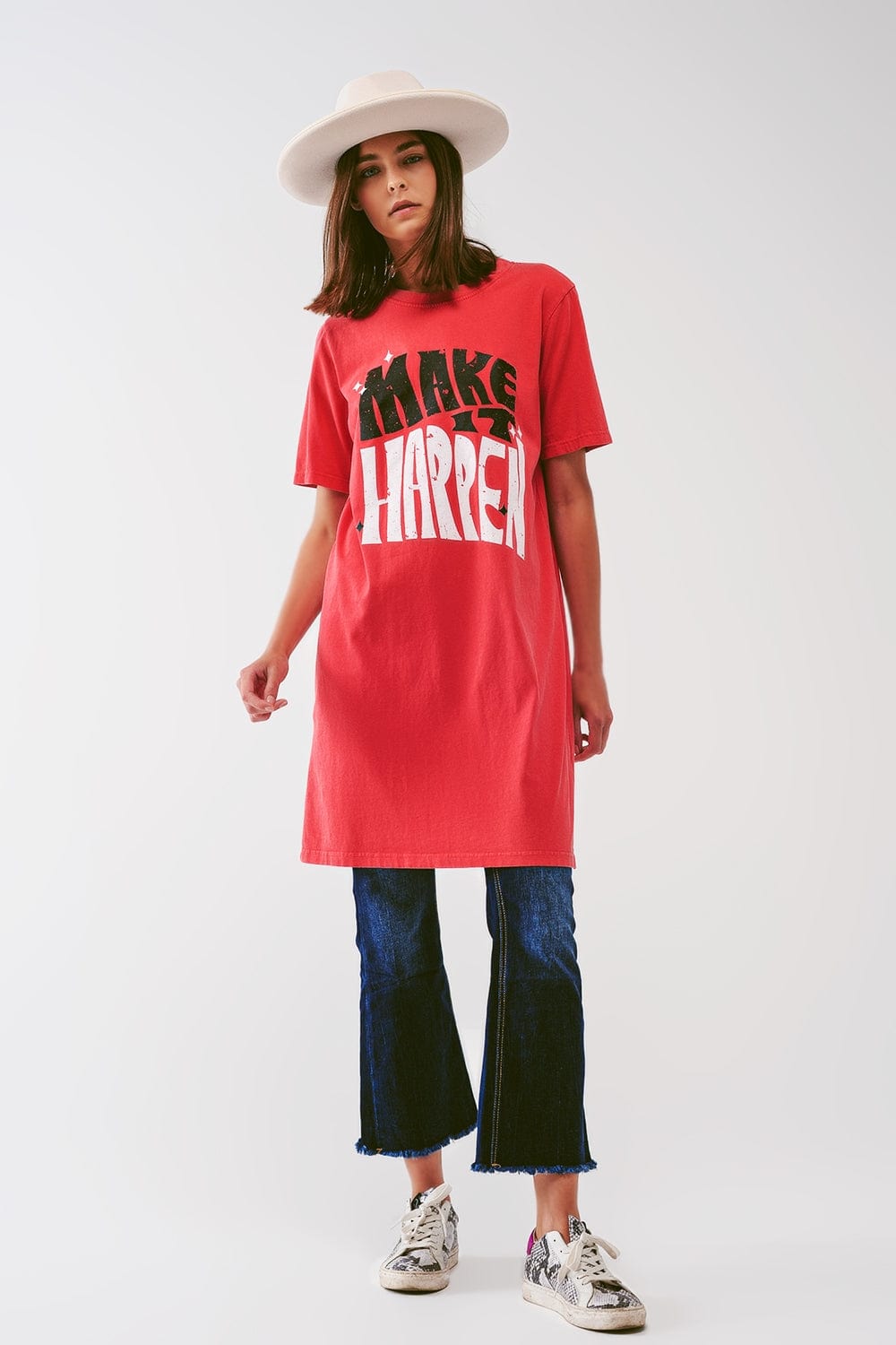 Q2 Women's Dress One Size / Orange / Italia T-Shirt Dress with Make It Happen Text in Red