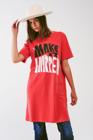 Q2 Women's Dress One Size / Orange / Italia T-Shirt Dress with Make It Happen Text in Red