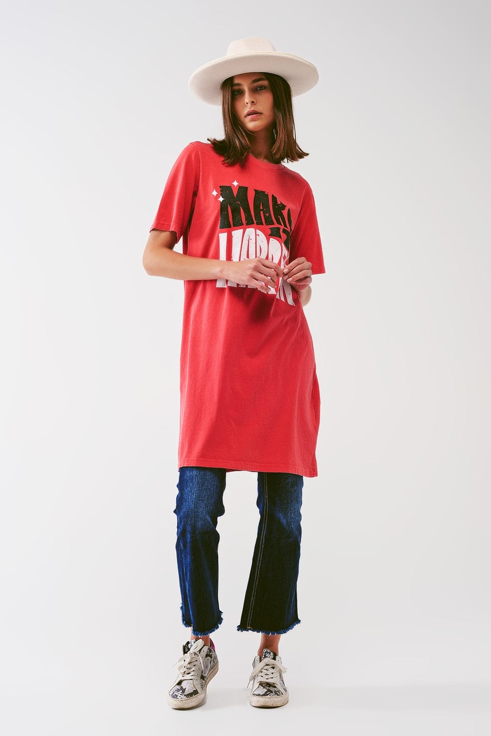 Q2 Women's Dress One Size / Orange / Italia T-Shirt Dress with Make It Happen Text in Red