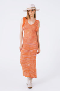 Q2 Women's Dress One Size / Orange Knitted Long Dress With Chest Ruffle In Melange Orange