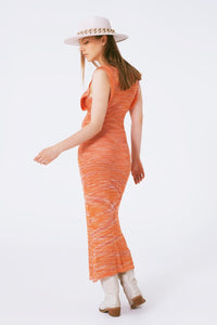 Q2 Women's Dress One Size / Orange Knitted Long Dress With Chest Ruffle In Melange Orange