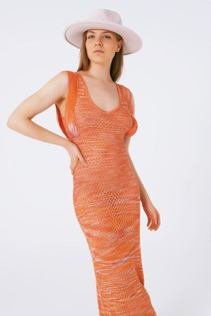 Q2 Women's Dress One Size / Orange Knitted Long Dress With Chest Ruffle In Melange Orange