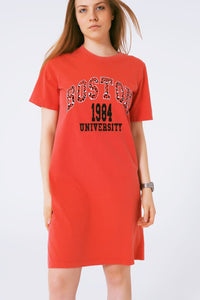 Q2 Women's Dress One Size / Orange Red Midi T-Shirt Dress Boston 1984 University