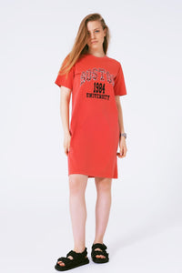 Q2 Women's Dress One Size / Orange Red Midi T-Shirt Dress Boston 1984 University