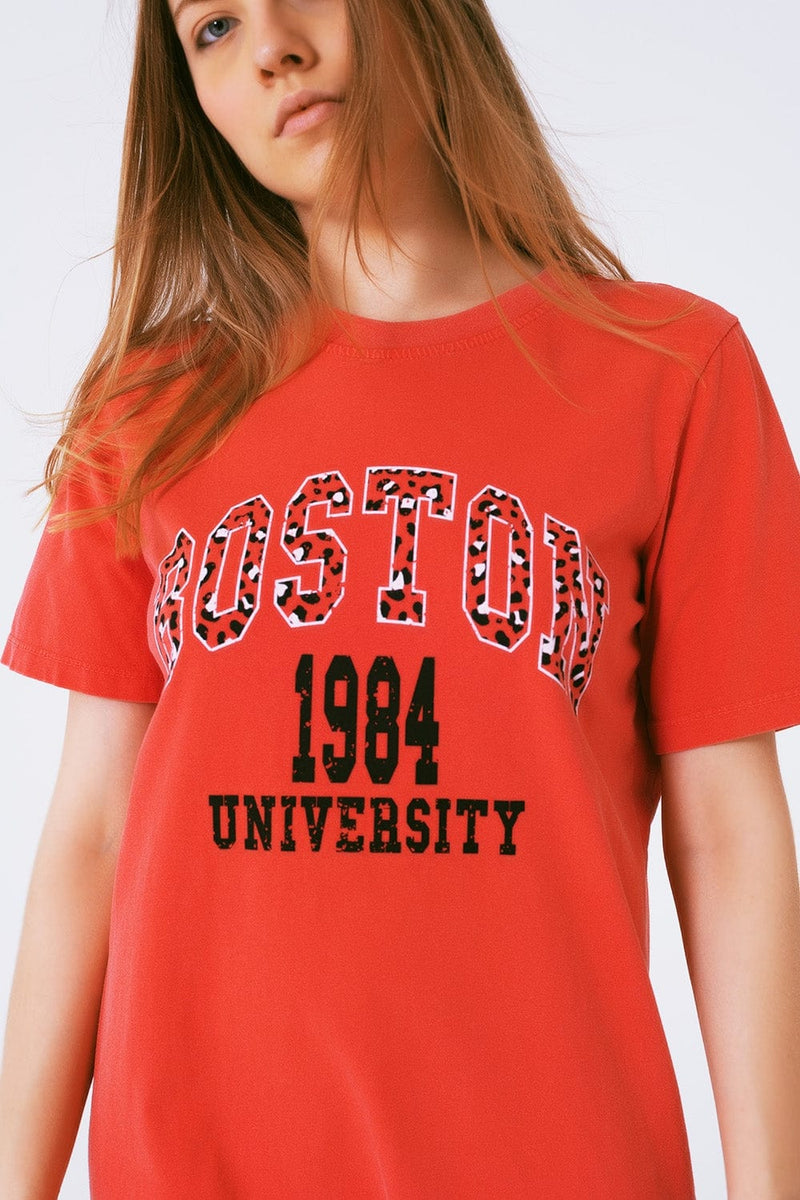 Q2 Women's Dress One Size / Orange Red Midi T-Shirt Dress Boston 1984 University