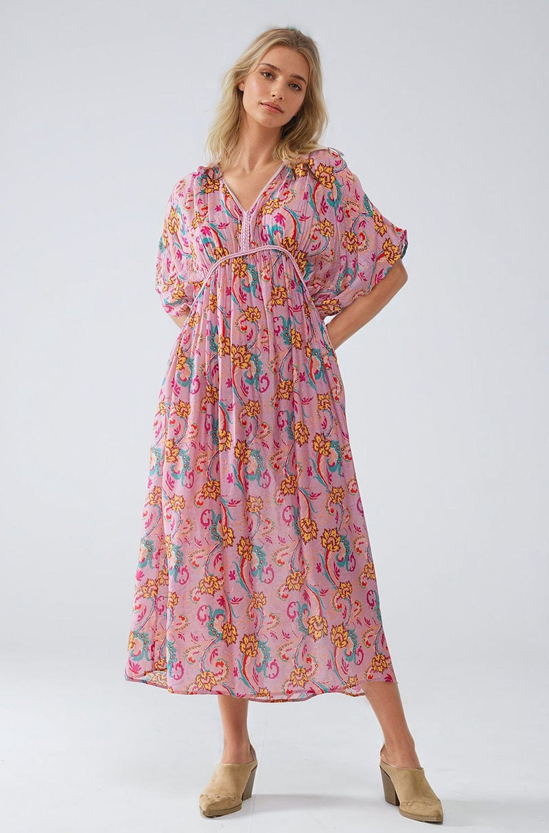 Q2 Women's Dress One Size / Pink Maxi Dress In Pink With Braided Seams And Flower Print