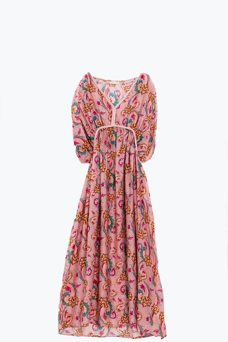 Q2 Women's Dress One Size / Pink Maxi Dress In Pink With Braided Seams And Flower Print