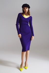 Q2 Women's Dress One Size / Purple Bodycon Midi Knitted Dress With V-Neckline In Purple