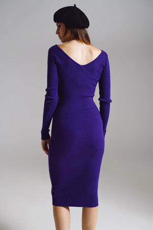 Q2 Women's Dress One Size / Purple Bodycon Midi Knitted Dress With V-Neckline In Purple