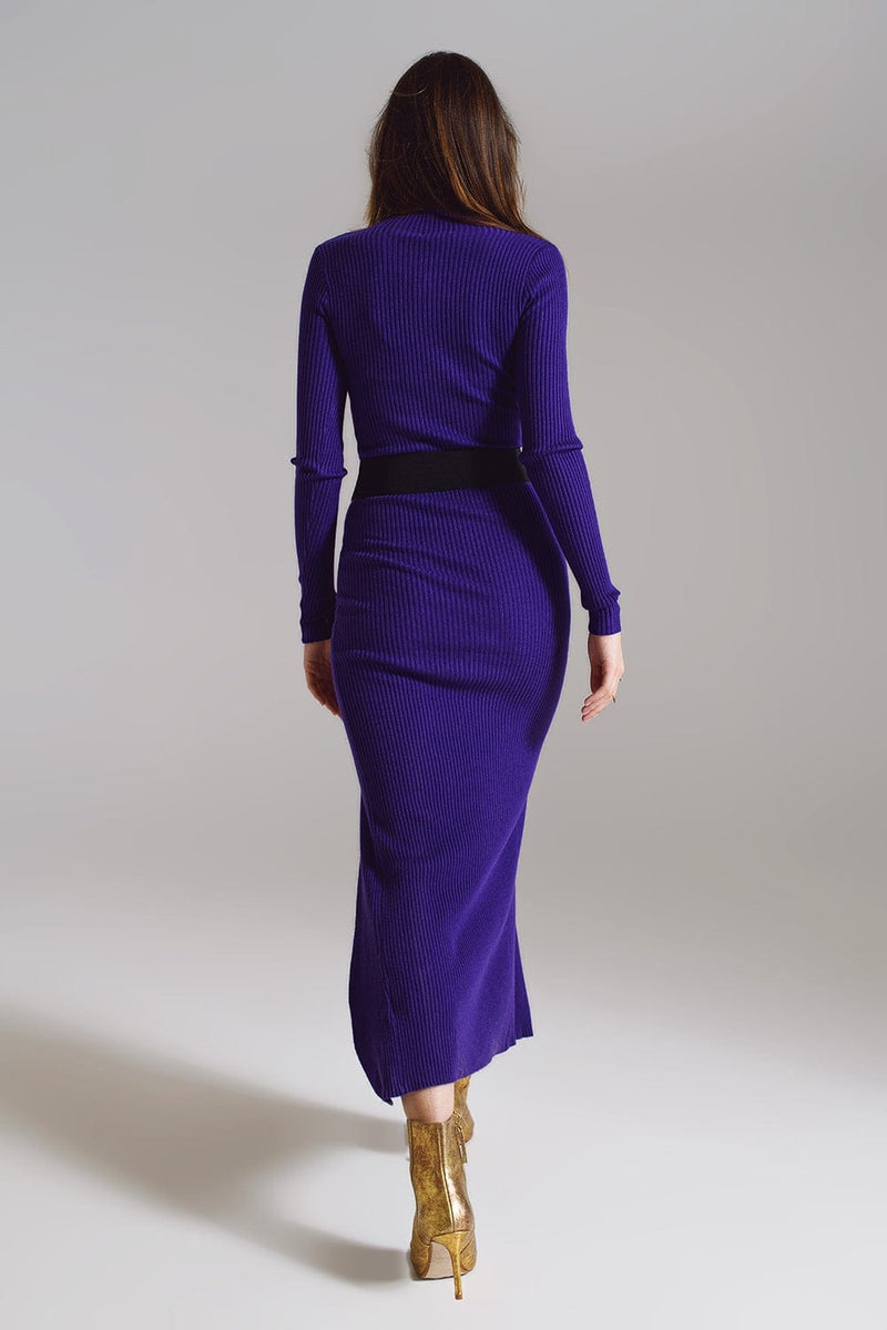 Q2 Women's Dress One Size / Purple High Neck Maxi Knitted Dress In Purple