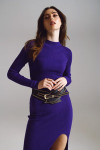 Q2 Women's Dress One Size / Purple High Neck Maxi Knitted Dress In Purple