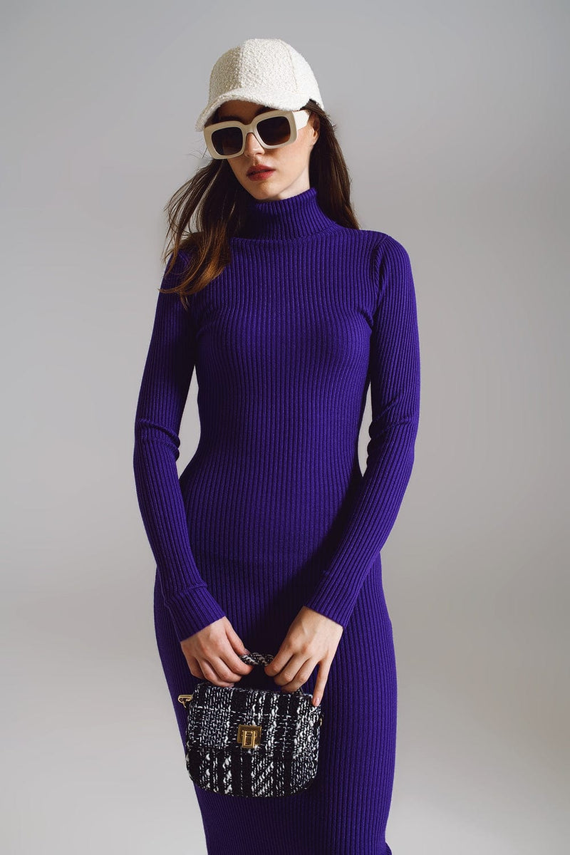 Q2 Women's Dress One Size / Purple Midi Bodycon Knitted Dress With Turtle Neck In Purple