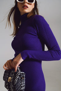 Q2 Women's Dress One Size / Purple Midi Bodycon Knitted Dress With Turtle Neck In Purple
