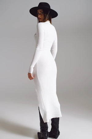 Q2 Women's Dress One Size / White High Neck Maxi Knitted Dress In White