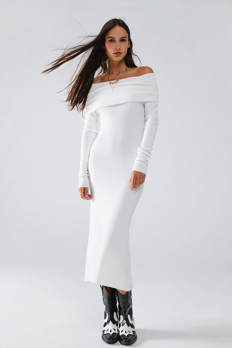 Q2 Women's Dress One Size / White Maxi Knitted Foldover Badot Dress In White