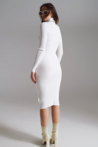 Q2 Women's Dress One Size / White Midi Bodycon Knitted Dress With Turtle Neck In White